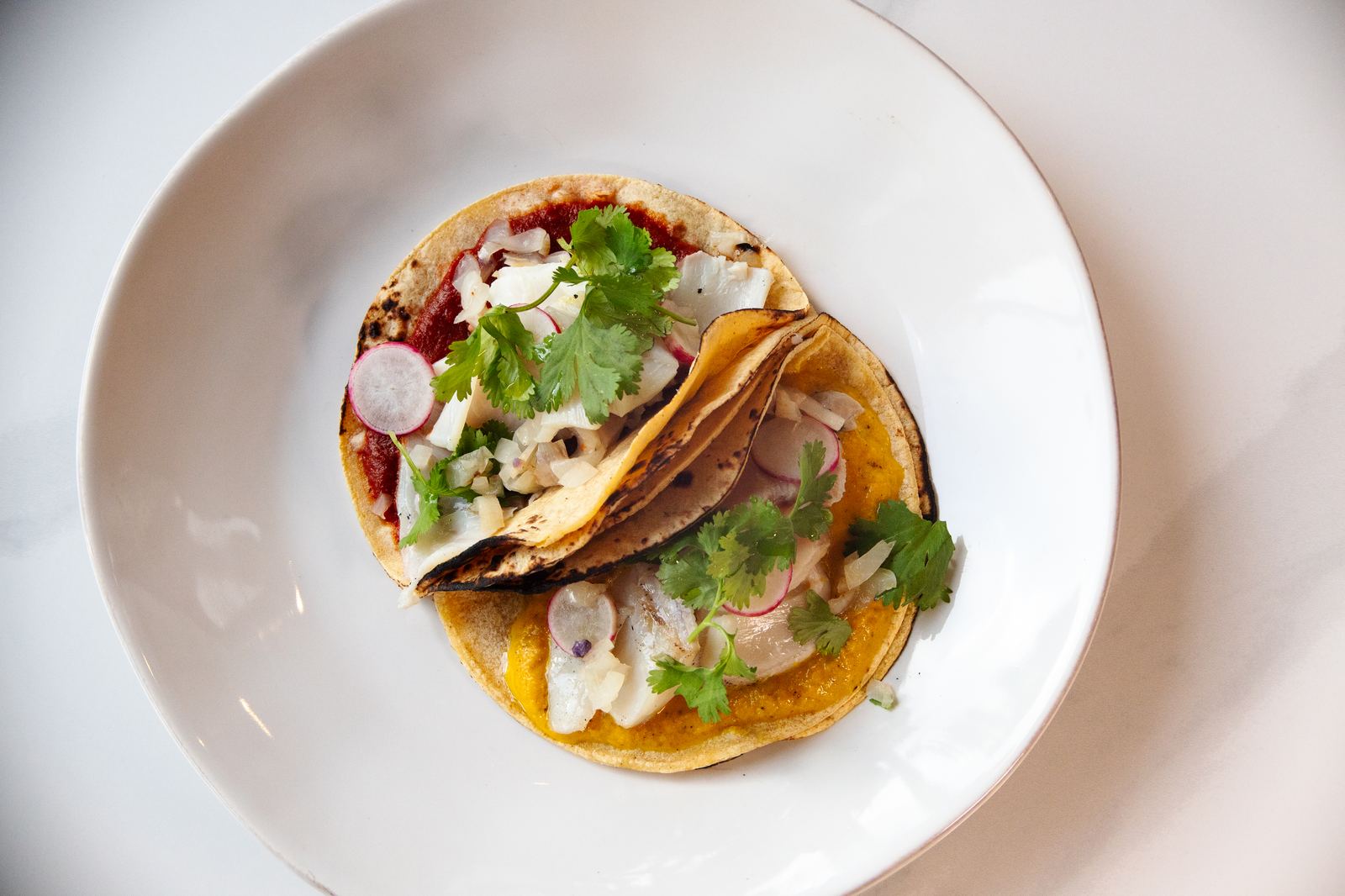 Halibut Tacos with aji amarillo and guajillo salsas at Solera
