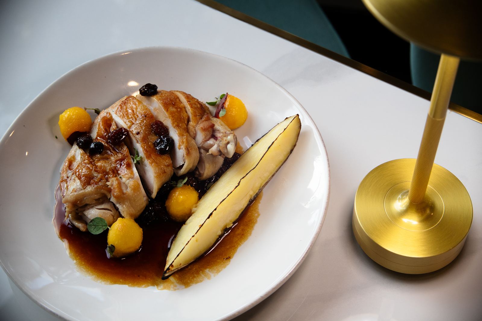 Pecking Through the Orchard — pan-seared half chicken at Solera
